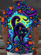 Oceanlyte Men's Hawaiian Halloween Black Cat And Ghosts Print Short Sleeve Shirt with Chest Pocket