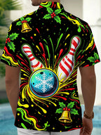 Oceanlyte Men's Short Sleeve Shirt - Christmas Bowling Pins And Snowflake Bowling Ball Print with Chest Pocket
