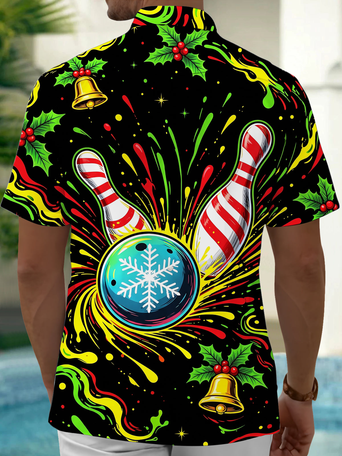 Oceanlyte Men's Short Sleeve Shirt - Christmas Bowling Pins And Snowflake Bowling Ball Print with Chest Pocket