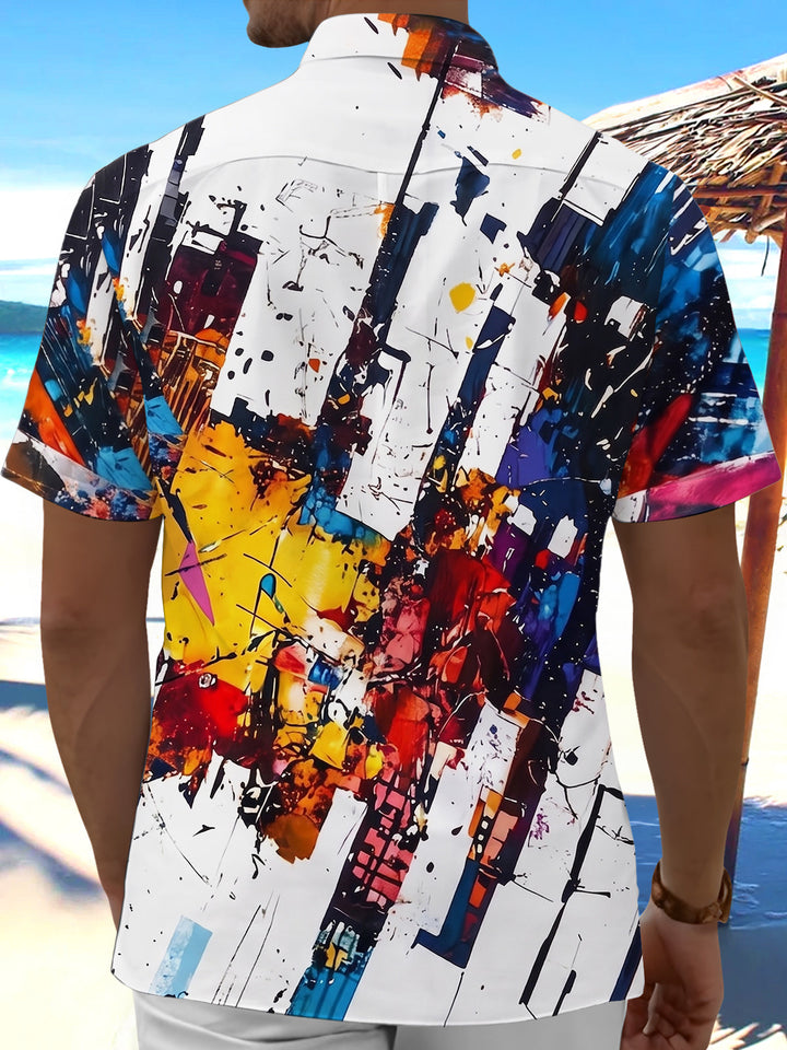 Oceanlyte Men's White Blue Graphic Abstract Paint Splatter Print Short Sleeve Button Down Shirt with Chest Pocket