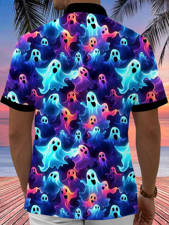 Oceanlyte Men's Hawaiian Ghost Pattern Neon Ghosts Print Short Sleeve Shirt with Chest Pocket