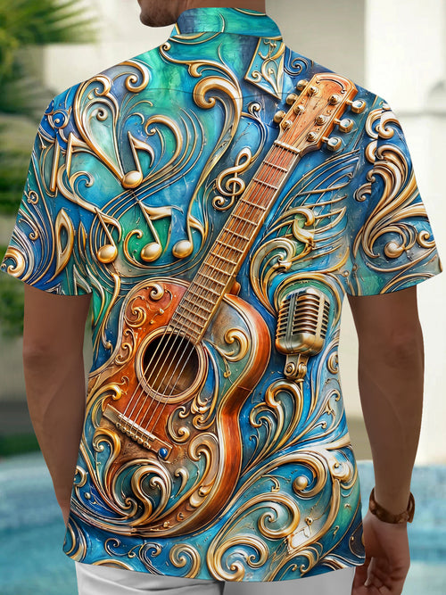Oceanlyte Men's 3D 3D Relief Guitar Print Music Notes Print Short Sleeve Shirt with Chest Pocket