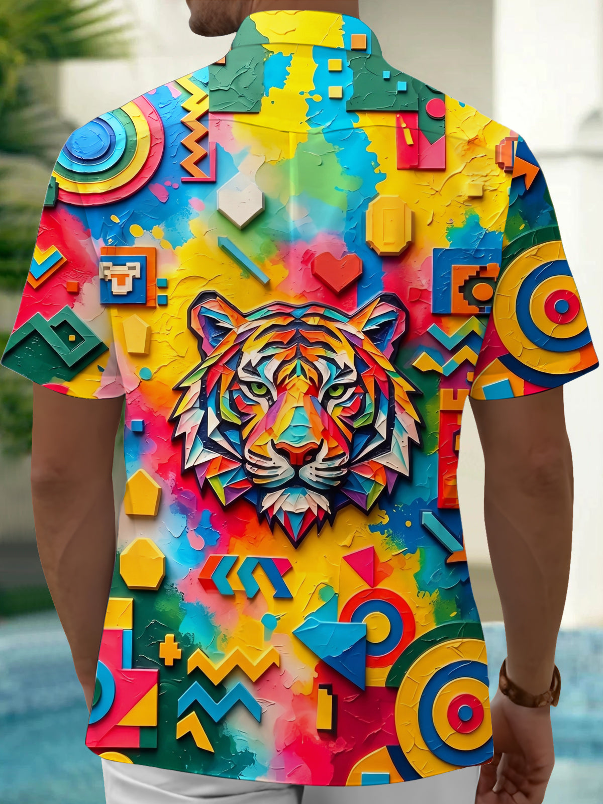 Oceanlyte Men's Graphic Colorful Geometric Tiger Print Short Sleeve Shirt with Chest Pocket