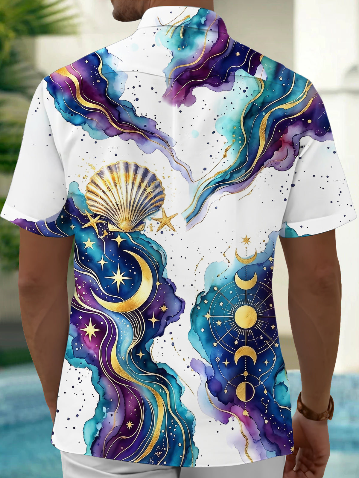 Oceanlyte Men's Hawaiian Watercolor Ocean Waves Print Short Sleeve Shirt with Chest Pocket