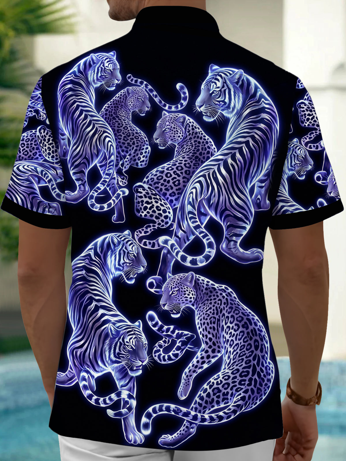 Oceanlyte Men's Hawaiian Neon Blue Tigers Print Leopard Print Short Sleeve Shirt with Chest Pocket