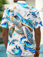 Oceanlyte Men's Hawaiian Sea Turtle And Ocean Waves Print Short Sleeve Shirt with Chest Pocket