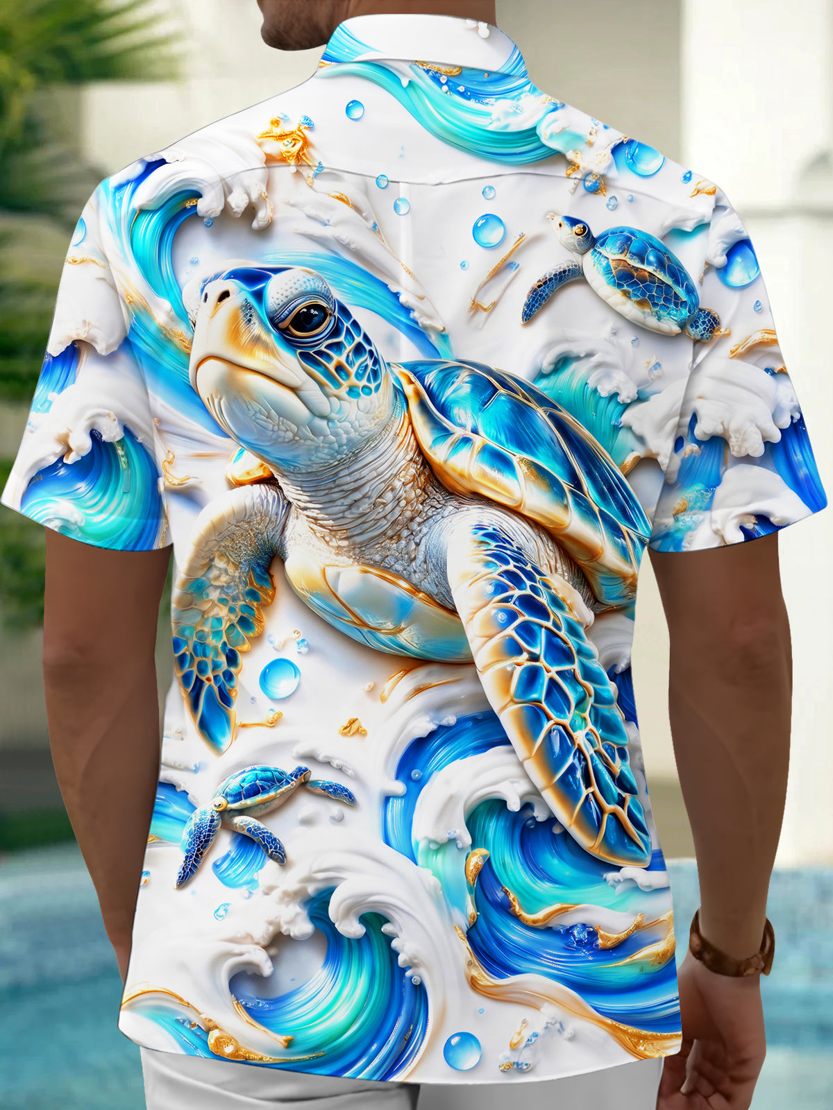 Oceanlyte Men's Hawaiian Sea Turtle And Ocean Waves Print Short Sleeve Shirt with Chest Pocket