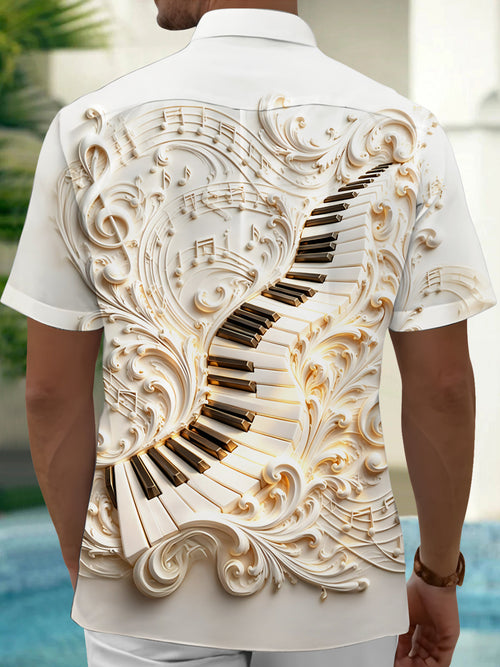 Oceanlyte Men's 3D Piano Keys Print Musical Notes Print Short Sleeve Shirt with Chest Pocket