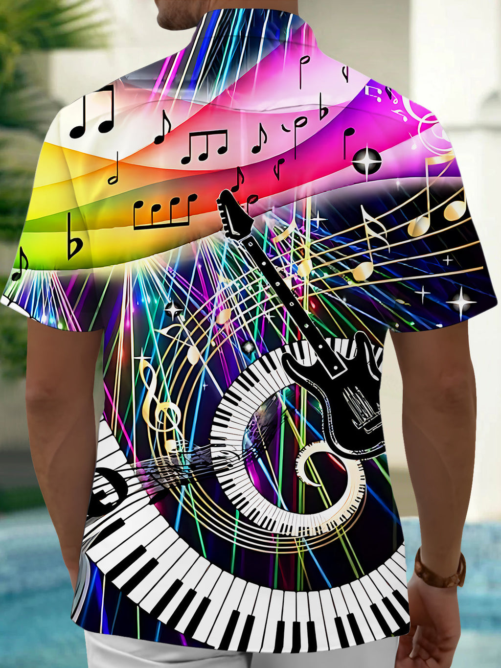 Oceanlyte Men's Hawaiian Music Notes Print Short Sleeve Shirt with Chest Pocket