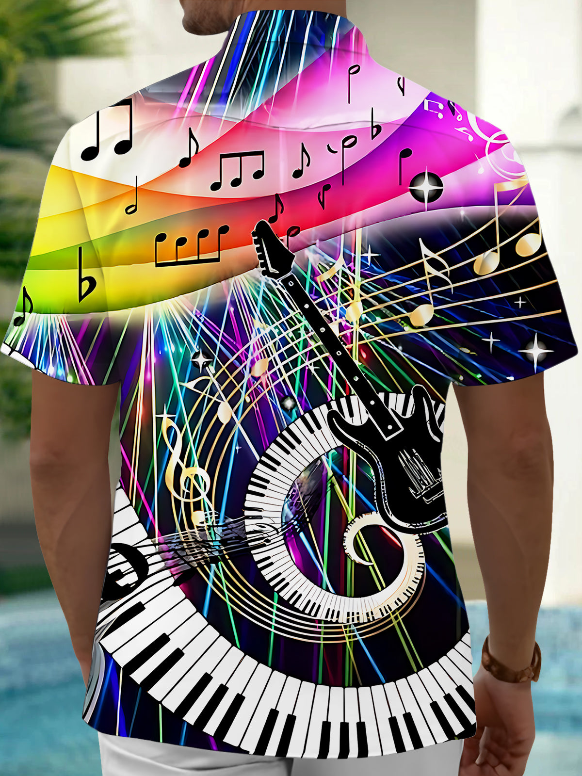 Oceanlyte Men's Hawaiian Music Notes Print Short Sleeve Shirt with Chest Pocket