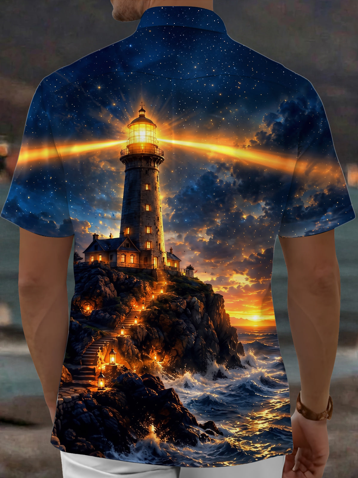 Oceanlyte Men's Hawaiian Lighthouse Night Scene Print Short Sleeve Shirt with Chest Pocket