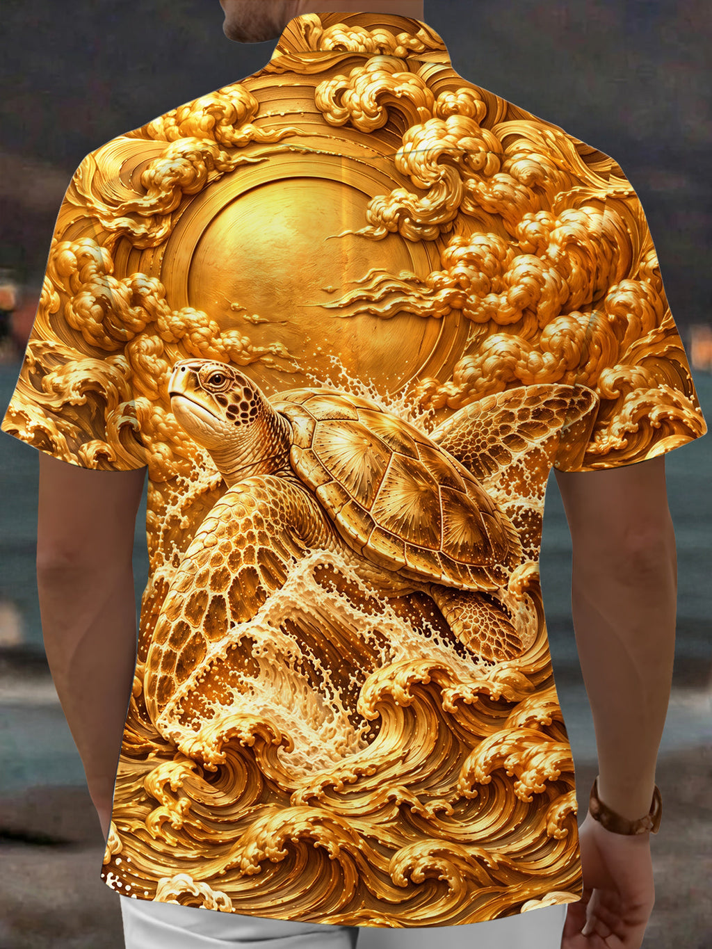 Oceanlyte Men's Hawaiian Sea Turtle And Ocean Waves Print Short Sleeve Shirt with Chest Pocket
