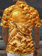 Oceanlyte Men's Hawaiian Sea Turtle And Ocean Waves Print Short Sleeve Shirt with Chest Pocket