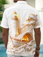 Oceanlyte Men's Lighthouse Ancient Ship And Waves Print Short Sleeve Shirt with Chest Pocket