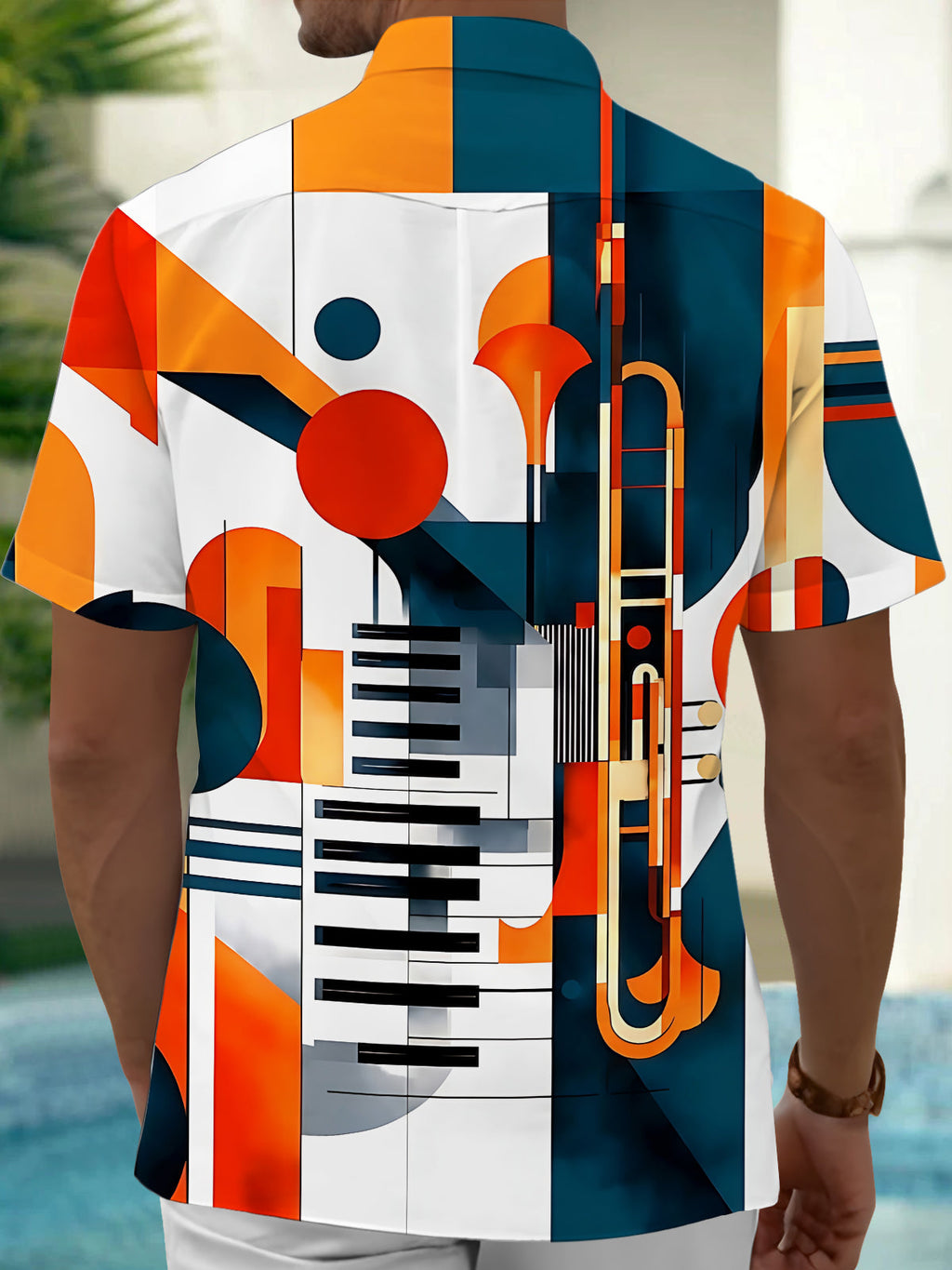 Oceanlyte Men's Graphic Geometric Music Instruments Print Short Sleeve Shirt with Chest Pocket