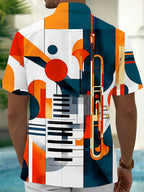 Oceanlyte Men's Graphic Geometric Music Instruments Print Short Sleeve Shirt with Chest Pocket