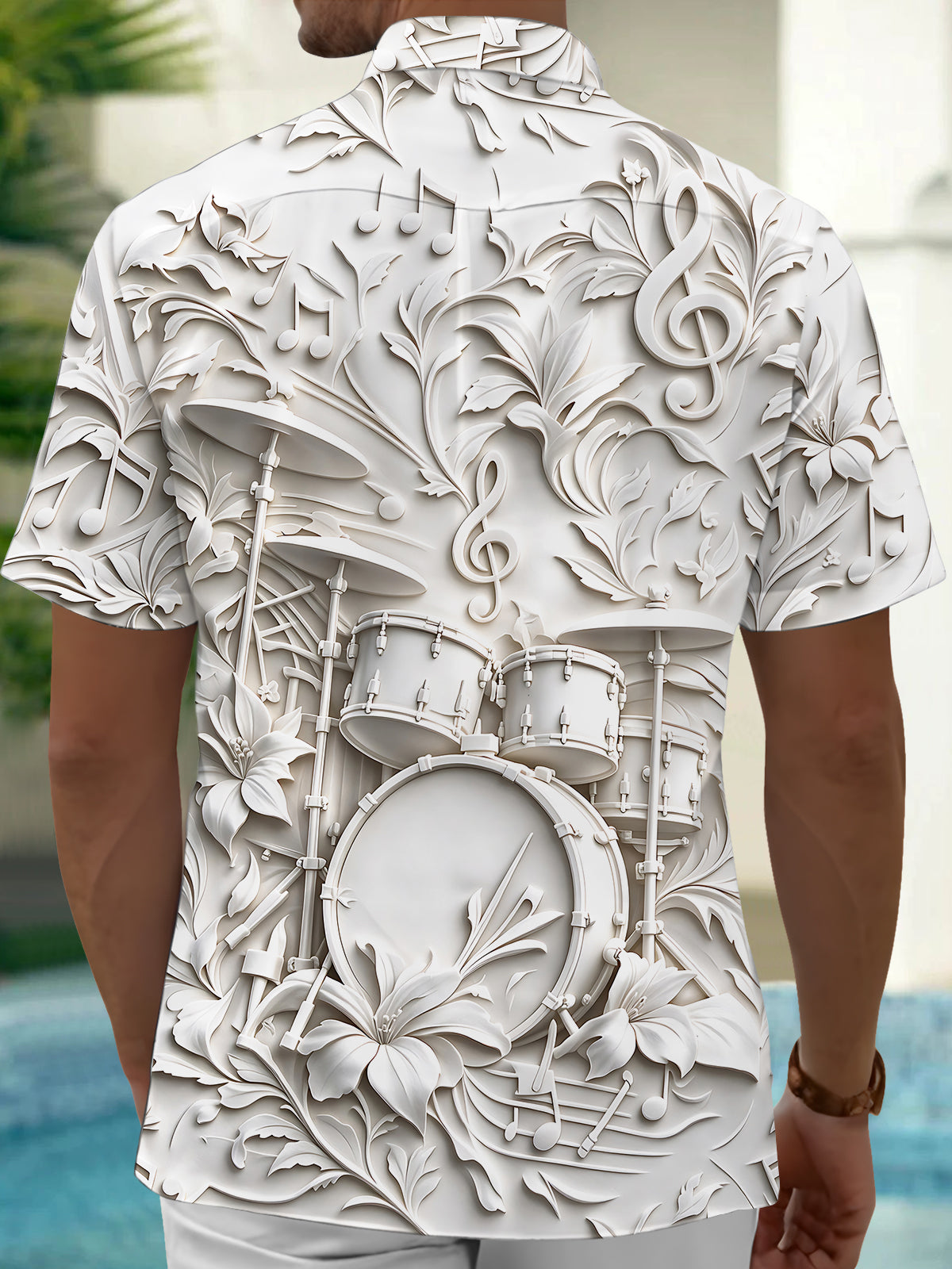 Oceanlyte Men's Short Sleeve Shirt - Embossed Drum Kit And Floral Music Notes Print with Chest Pocket