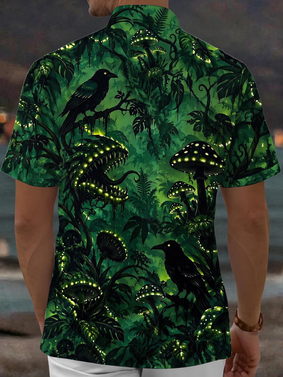 Oceanlyte Men's Glowing Forest Mushrooms And Crows Print Short Sleeve Shirt with Chest Pocket