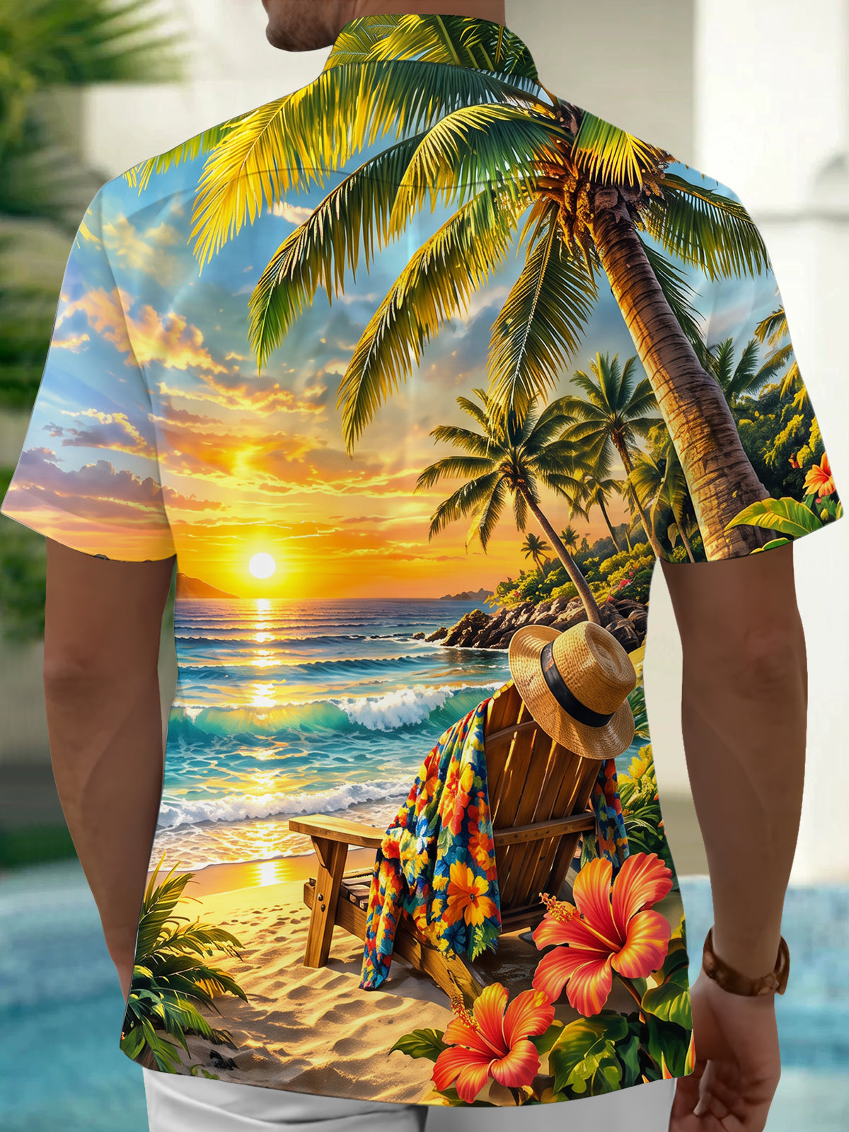 Oceanlyte Men's Short Sleeve Shirt - Beach Sunset Scenery With Palm Trees And Hibiscus Flowers Print with Chest Pocket