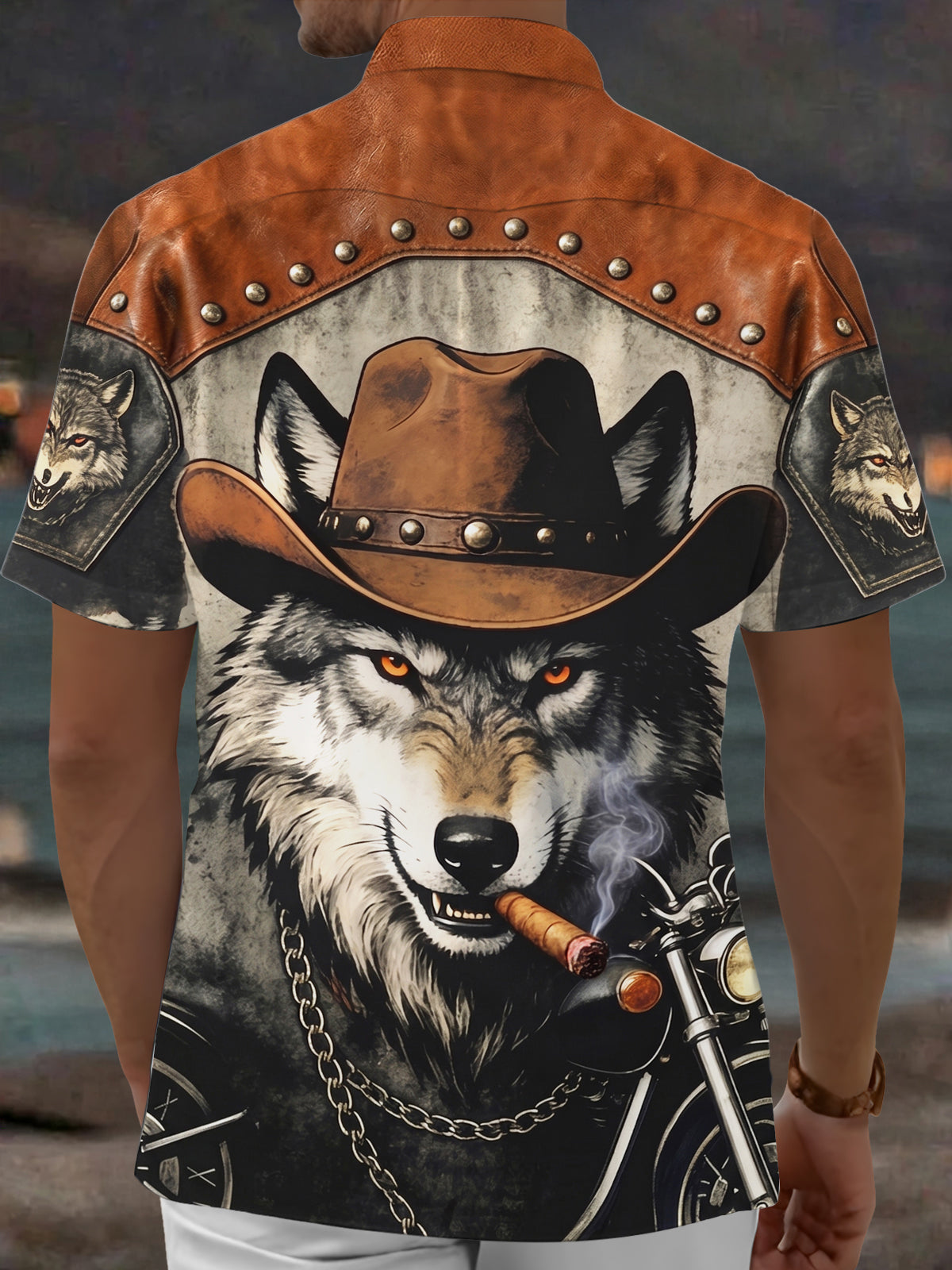 Oceanlyte Men's Graphic Wolf In Cowboy Hat Print Short Sleeve Shirt with Chest Pocket