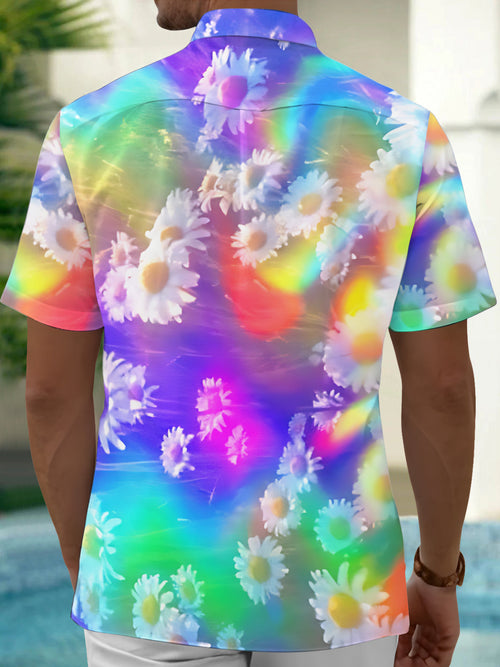 Oceanlyte Colorful Gradient Daisy Flowers Short Sleeve Shirt with Chest Pocket