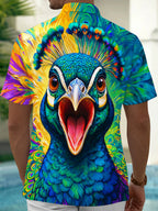 Oceanlyte Men's Hawaiian Colorful Peacock Head Print Short Sleeve Shirt with Chest Pocket