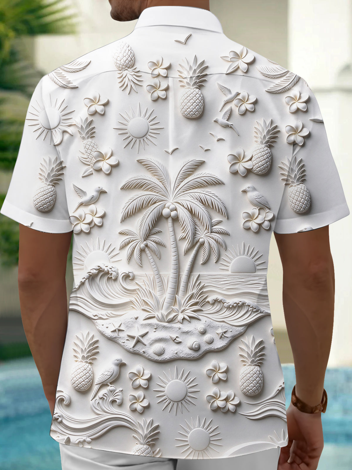 Oceanlyte Men's Hawaiian Palm Trees And Beach Scene Print Short Sleeve Shirt with Chest Pocket