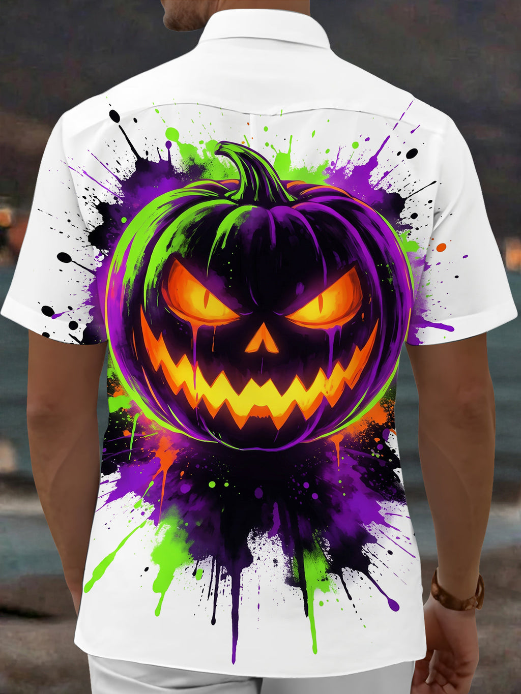 Oceanlyte Men's Short Sleeve Shirt - Halloween Jack-o-lantern Pumpkin With Paint Splatter Print with Chest Pocket