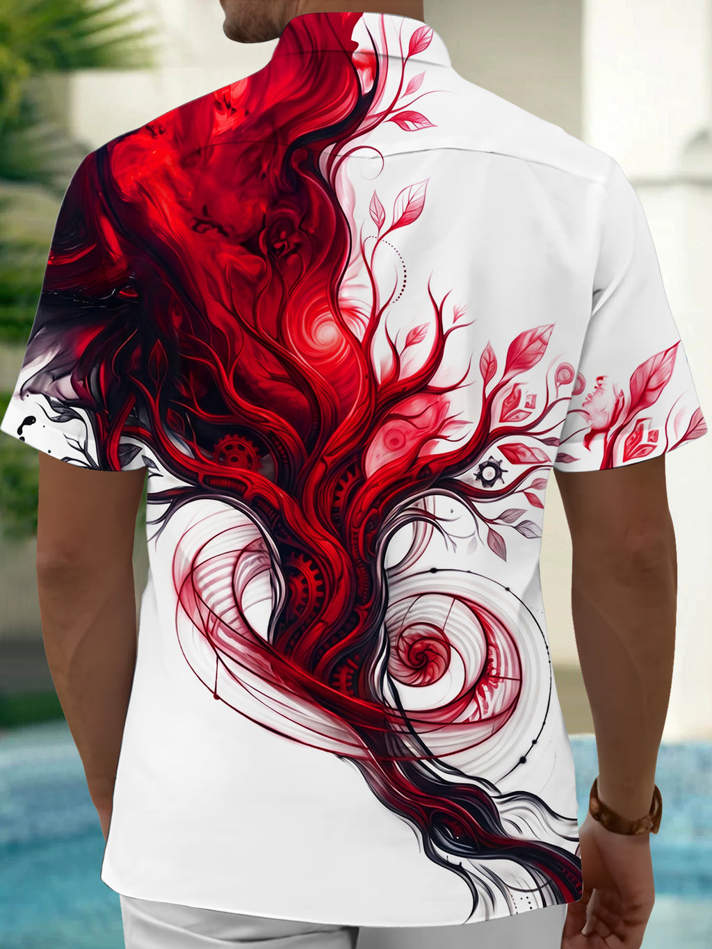 Oceanlyte Men's Short Sleeve Shirt - Abstract Fluid Tree Of Life With Gears And Swirls Print with Chest Pocket