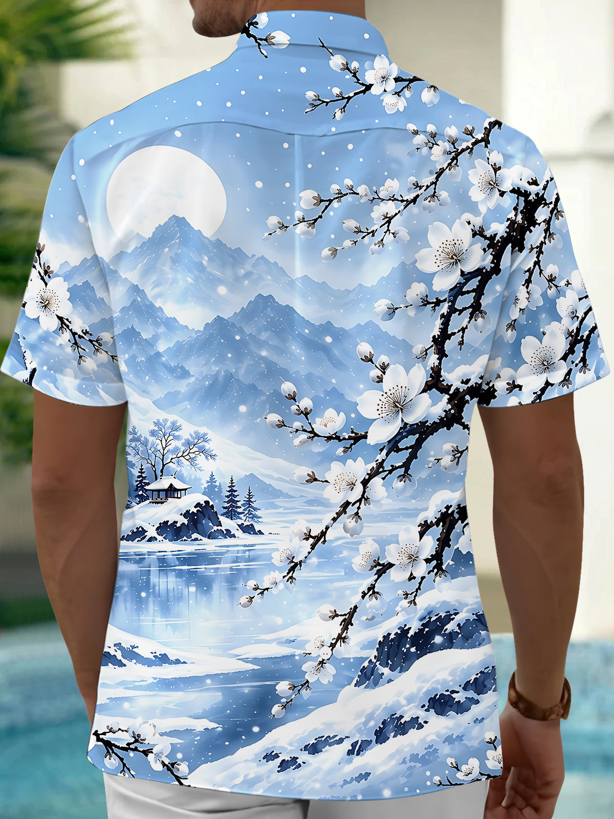Oceanlyte Men's Short Sleeve Shirt - Winter Snowy Landscape With Cherry Blossoms Print with Chest Pocket
