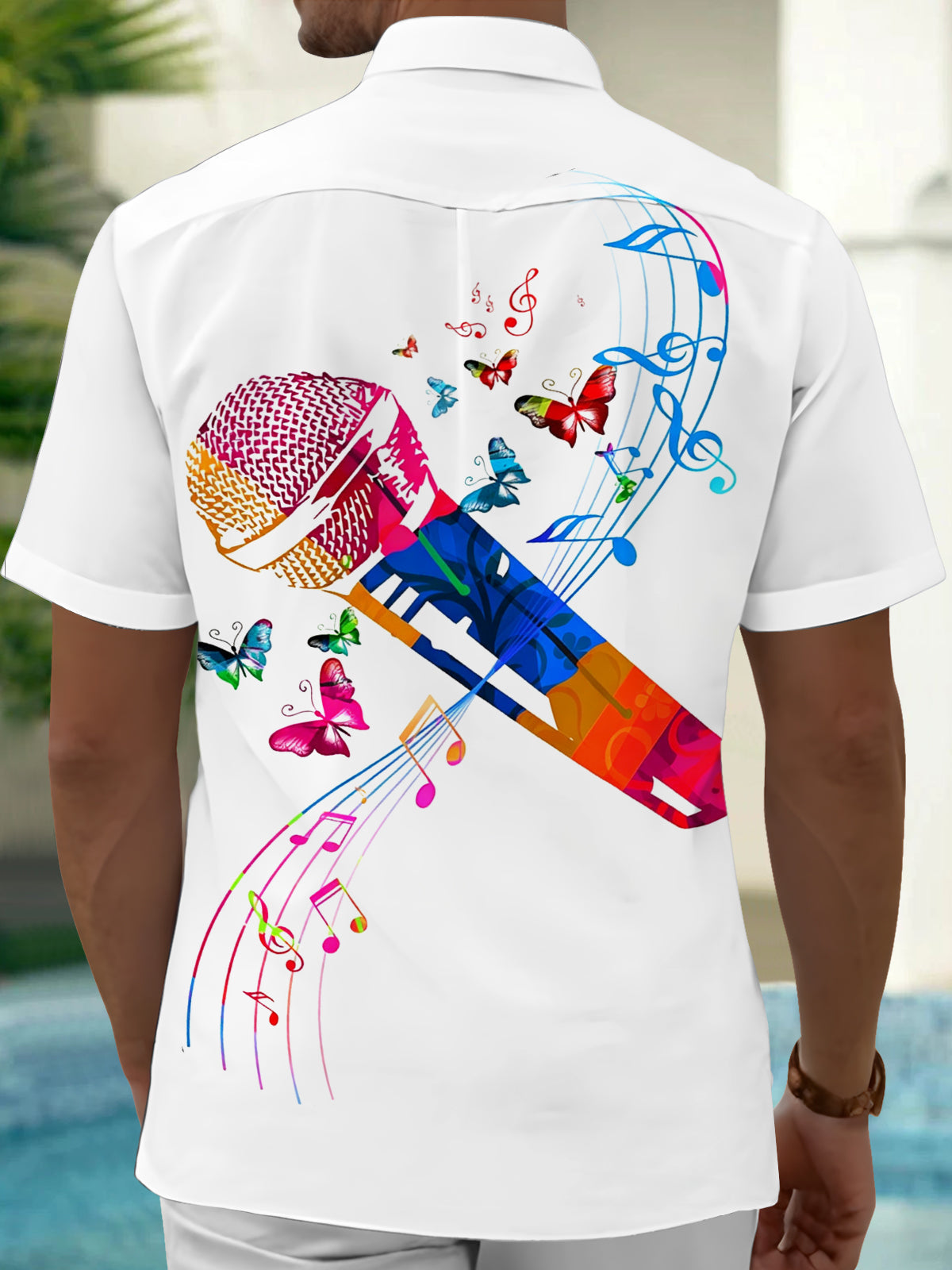 Oceanlyte Men's Graphic Colorful Microphone Print Short Sleeve Shirt with Chest Pocket