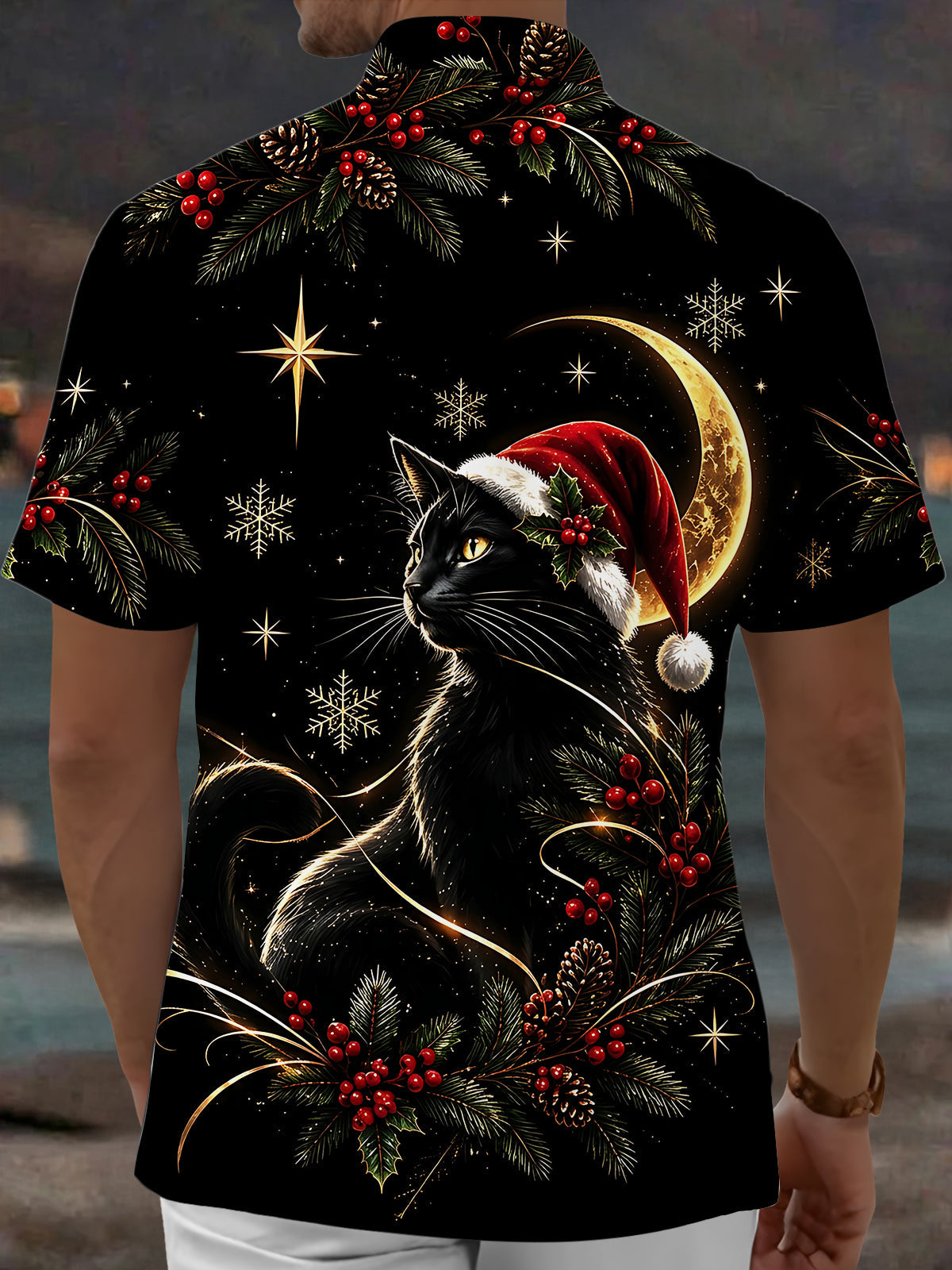 Oceanlyte Men's Short Sleeve Shirt - Black Cat Wearing Santa Hat With Holly And Pine Branches Print with Chest Pocket