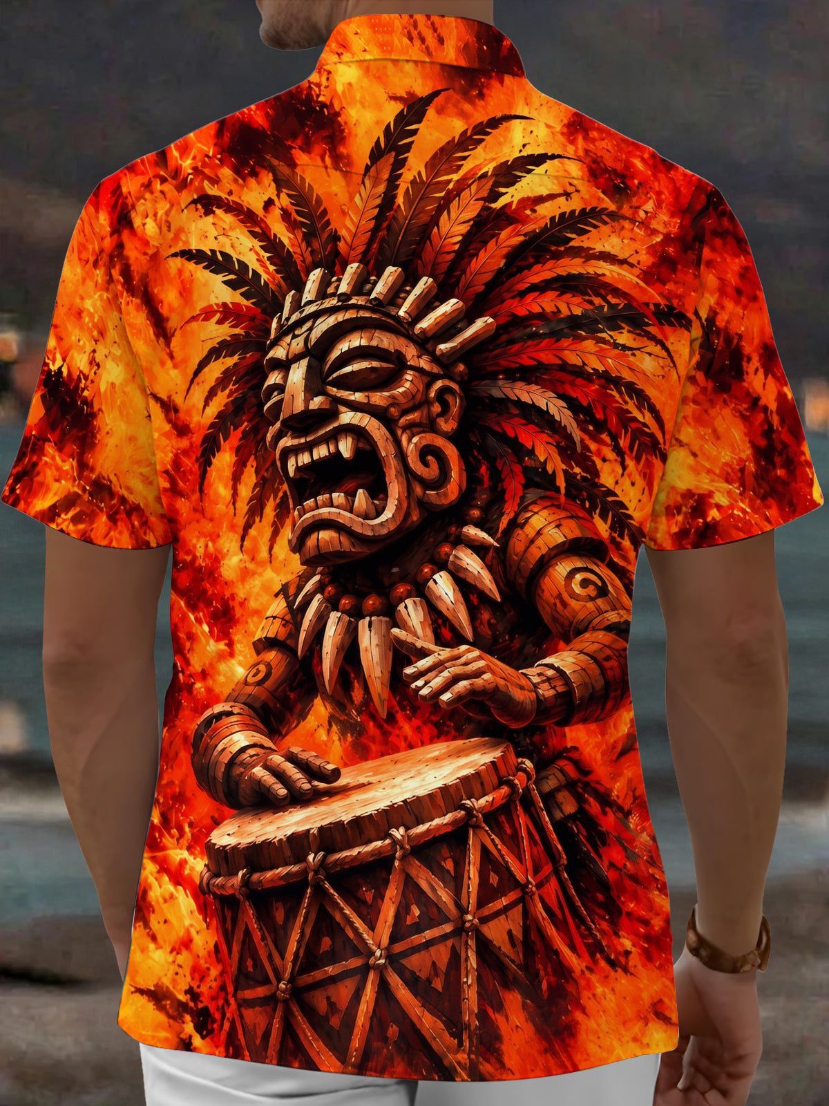 Oceanlyte Men's Hawaiian Tiki Mask And Drum Print Short Sleeve Shirt with Chest Pocket