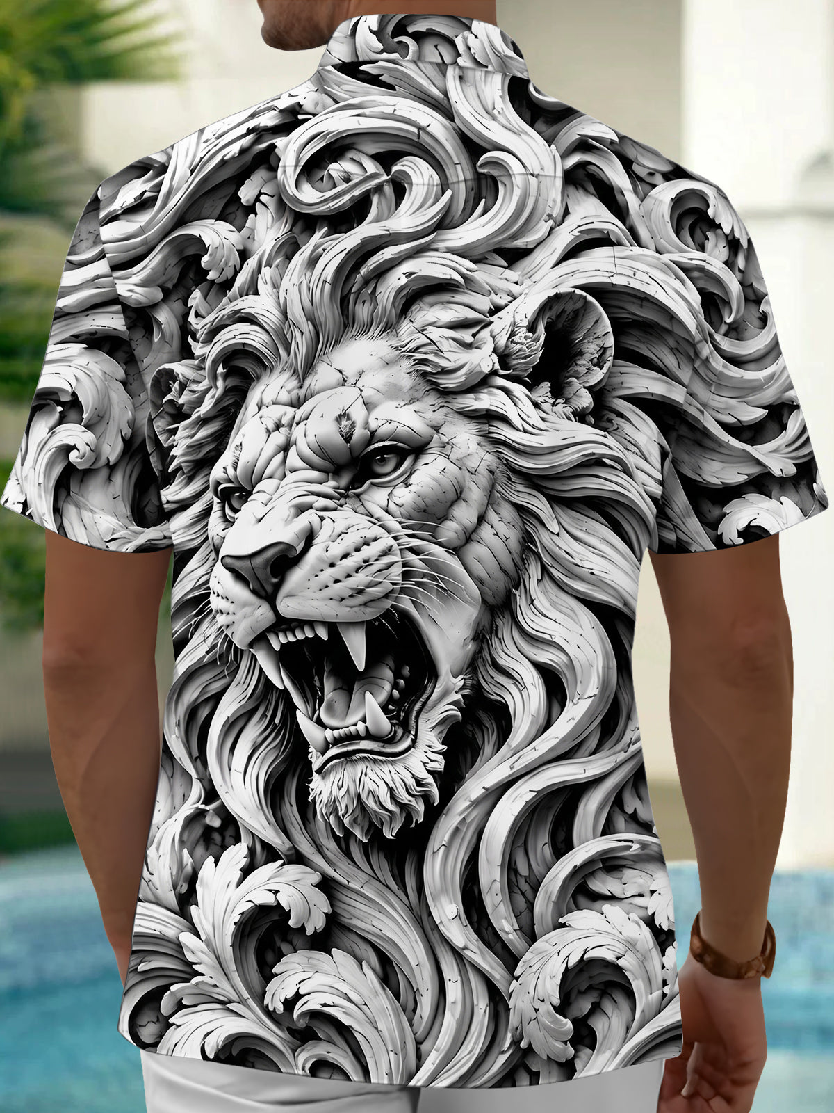 Oceanlyte Men's Graphic 3D Carved Lion Head Print Short Sleeve Shirt with Chest Pocket