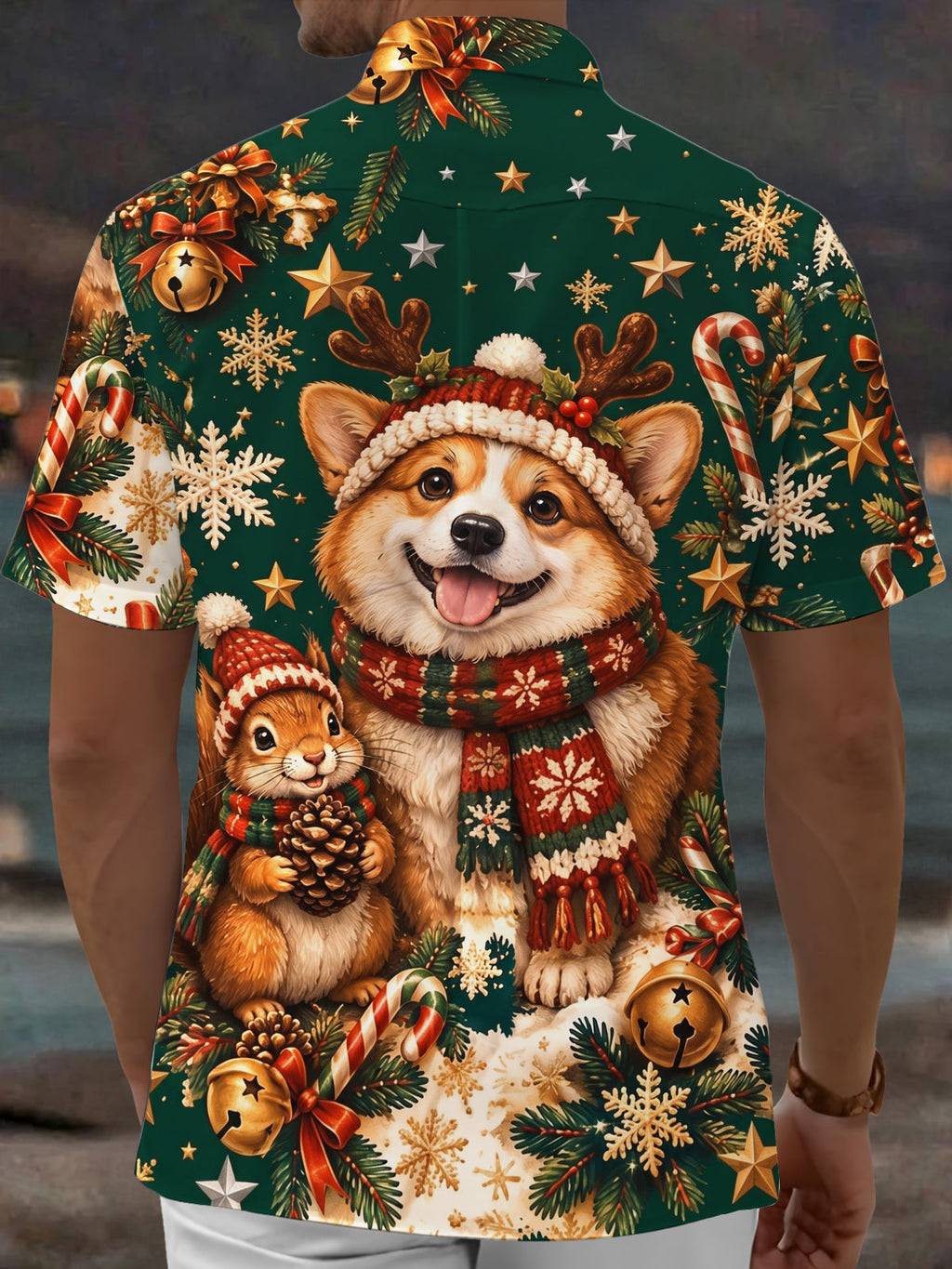 Oceanlyte Men's Hawaiian Christmas Corgi And Squirrel Print Short Sleeve Shirt