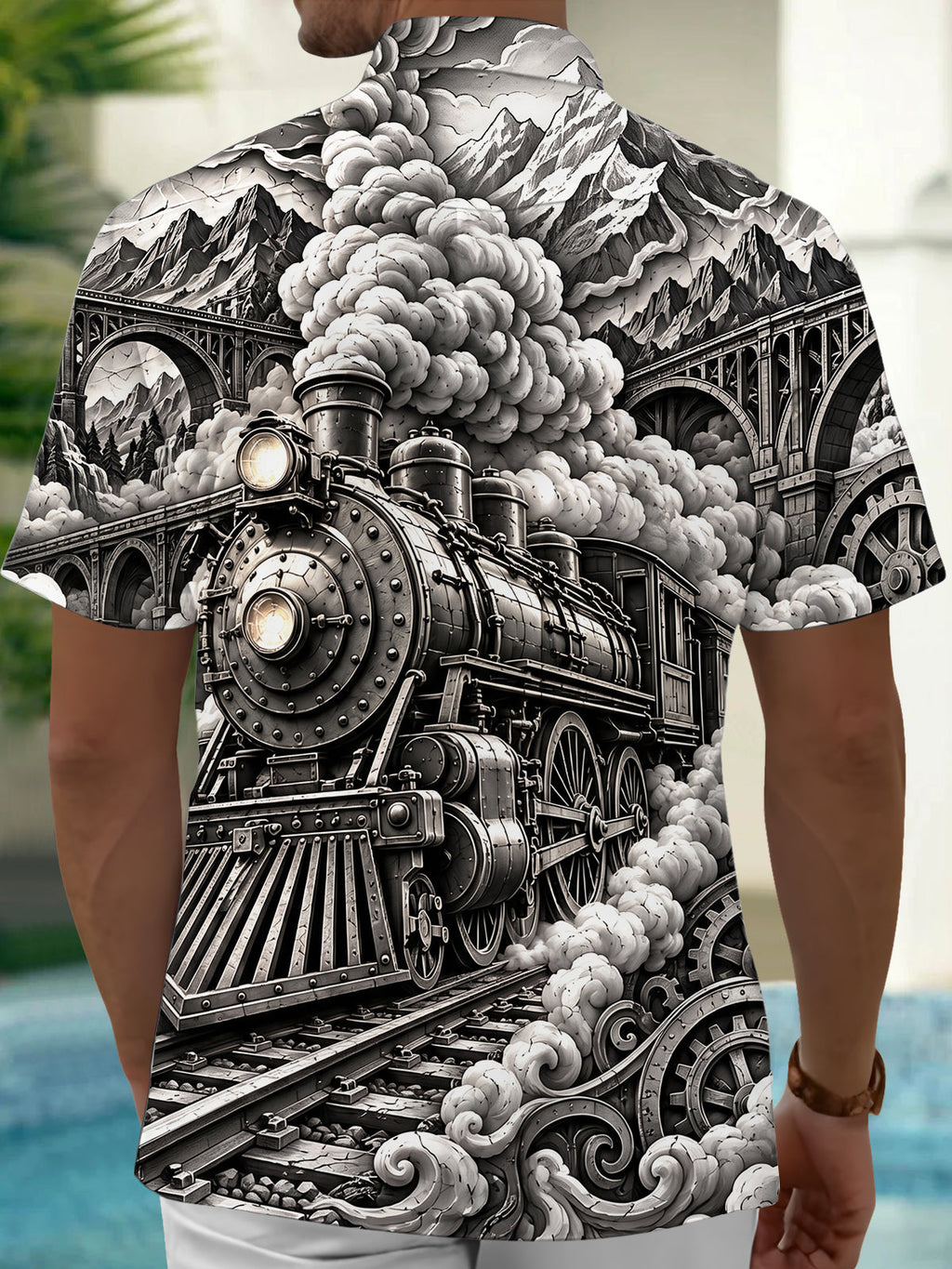 Oceanlyte Men's Vintage Steam Train And Gears Print Short Sleeve Shirt with Chest Pocket