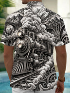 Oceanlyte Men's Vintage Steam Train And Gears Print Short Sleeve Shirt with Chest Pocket