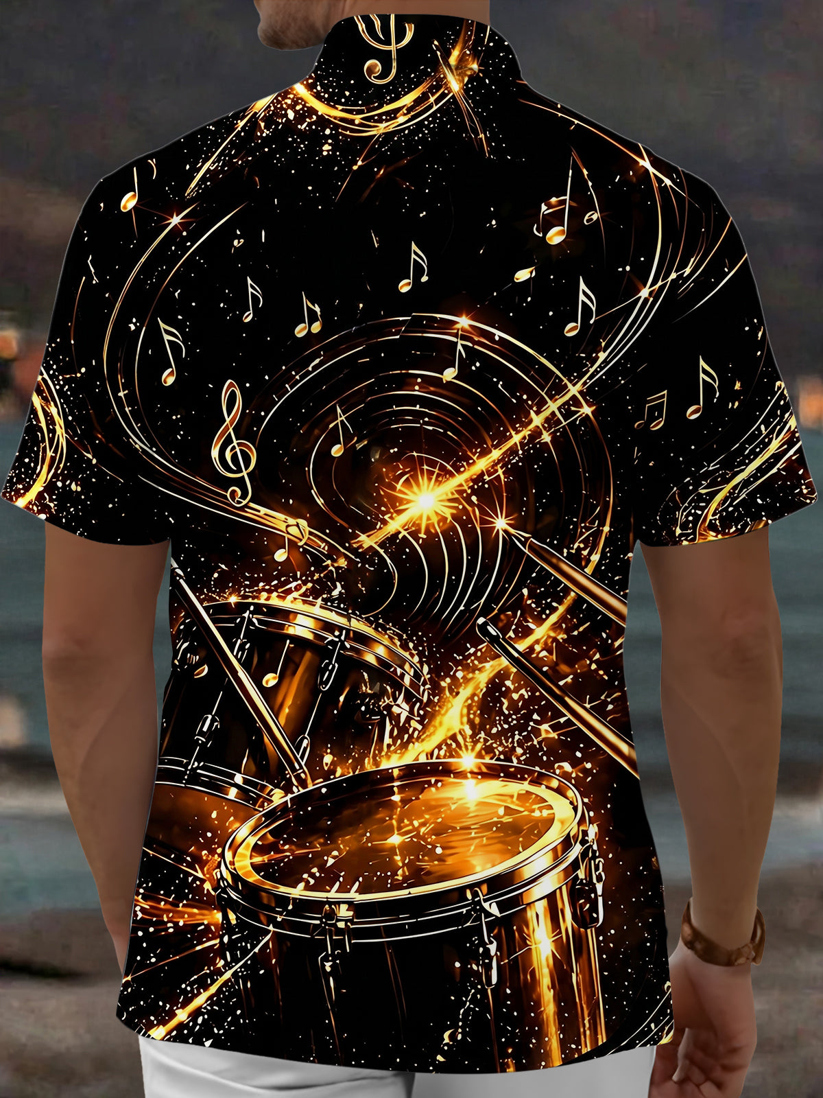 Oceanlyte Men's Graphic Golden Drum Set Print Short Sleeve Shirt with Chest Pocket