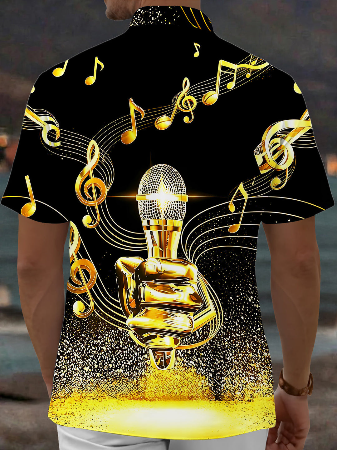 Oceanlyte Men's Graphic Golden Microphone Print Short Sleeve Shirt with Chest Pocket