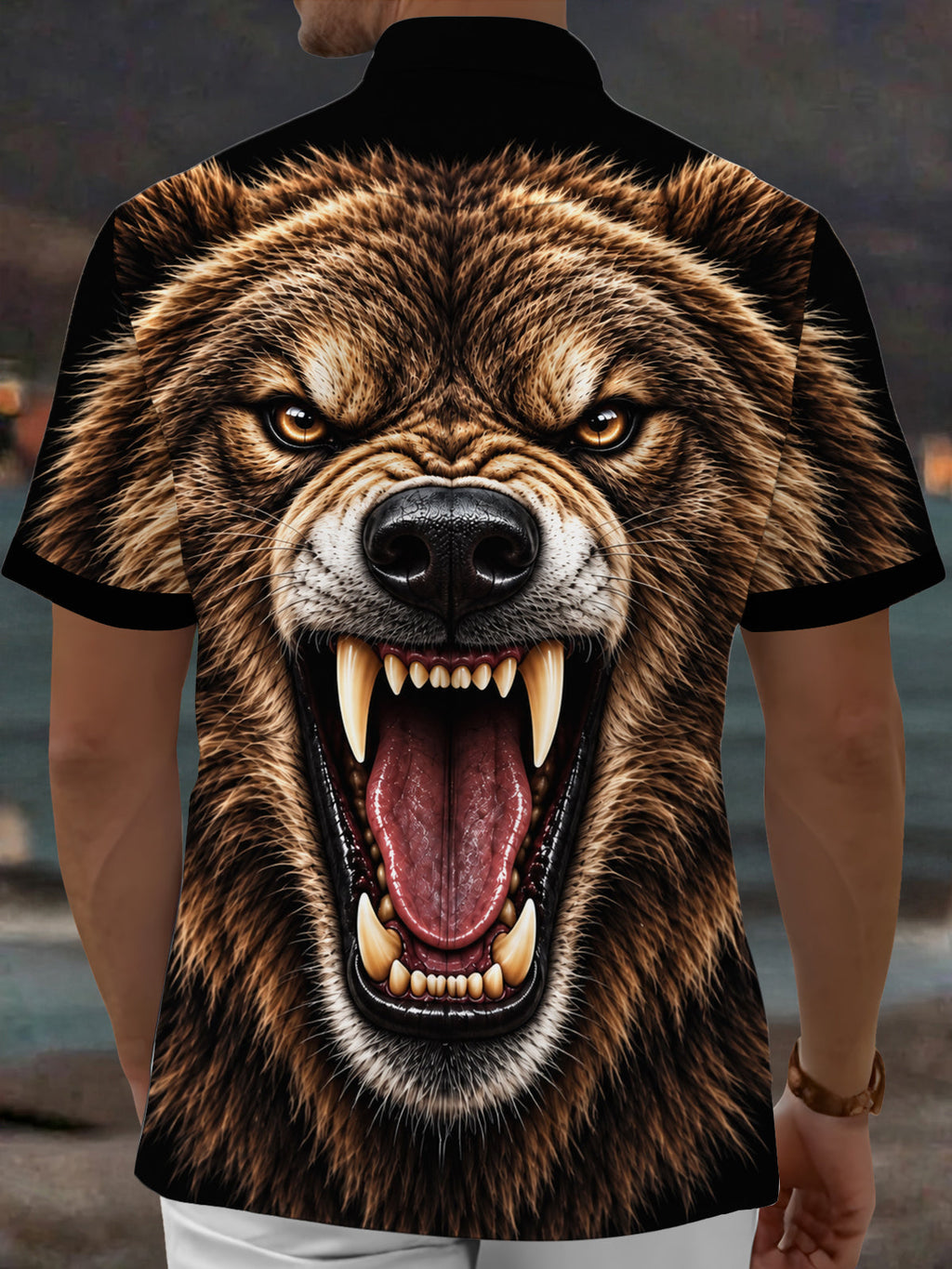 Oceanlyte Men's Graphic Roaring Bear Face Print Short Sleeve Shirt with Chest Pocket