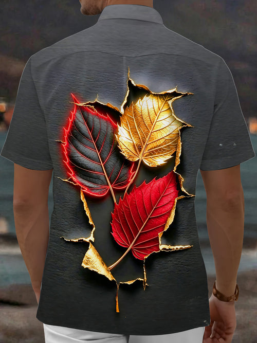 Oceanlyte Men's 3D Autumn Leaves Print Tearing Effect Print Short Sleeve Shirt with Chest Pocket