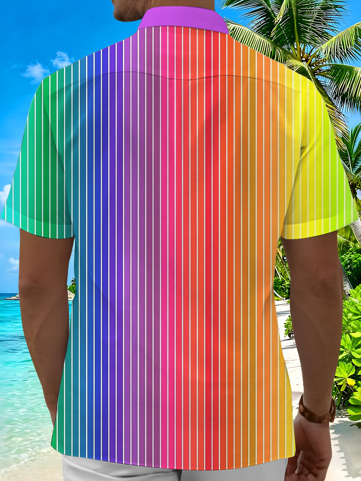 Oceanlyte Men's Striped Rainbow Gradient Stripes Print Short Sleeve Shirt with Chest Pocket