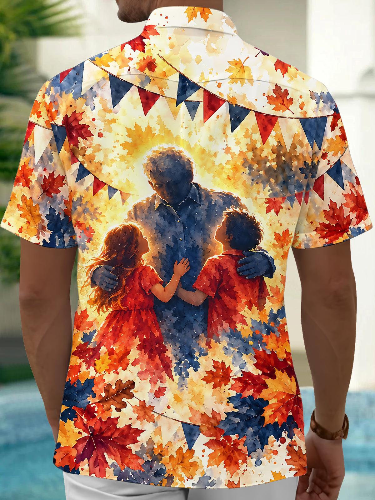 Oceanlyte Men's Short Sleeve Shirt - The "Autumn Reunion" Veterans Day Veteran Hug Children Print with Chest Pocket