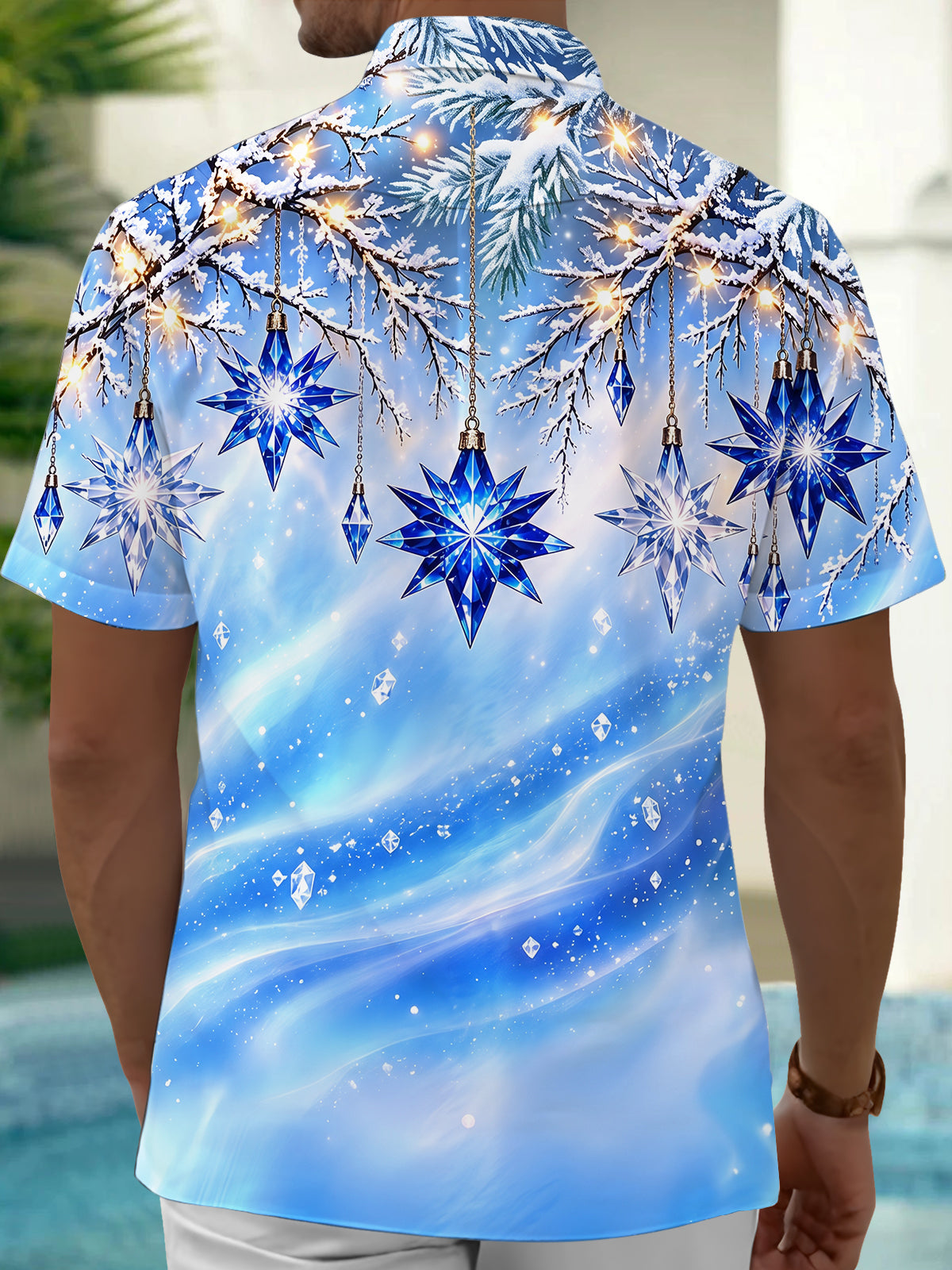 Oceanlyte Men's Blue Crystal Stars And Snowy Branches Print Short Sleeve Shirt with Chest Pocket
