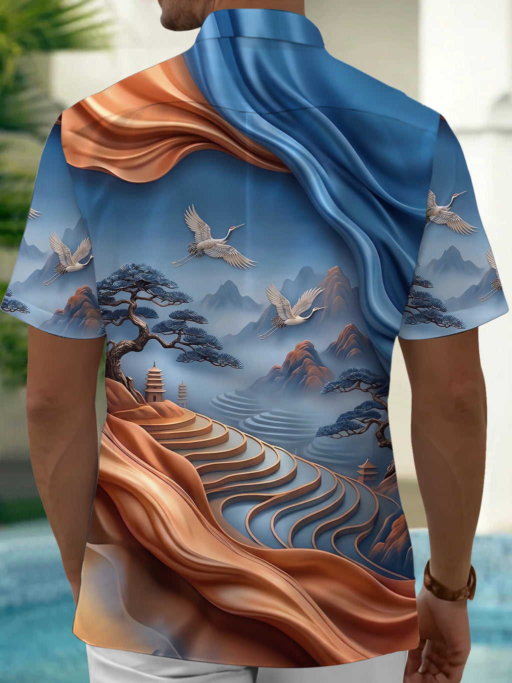 Oceanlyte Men's Printed Flying Cranes Print Short Sleeve Shirt with Chest Pocket