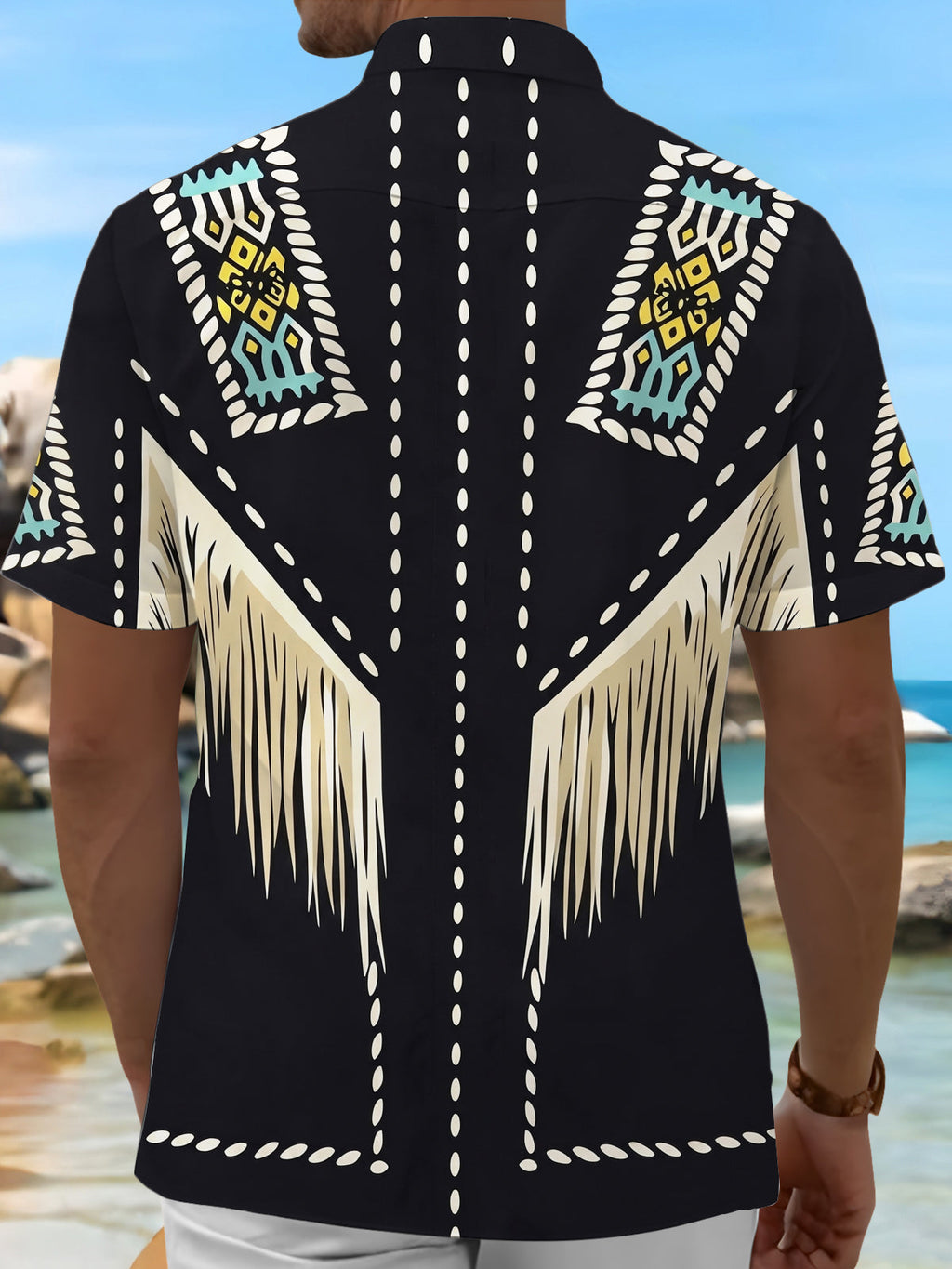 Oceanlyte Men's Patterned Geometric Pattern Fringe Print Short Sleeve Shirt with Chest Pocket