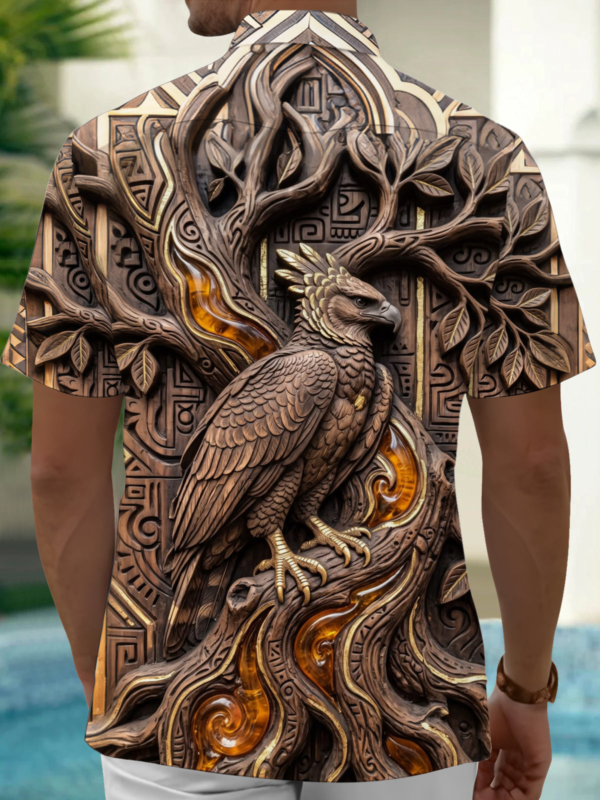 Oceanlyte Men's Printed 3D Wood Carved Eagle Print Short Sleeve Shirt with Chest Pocket