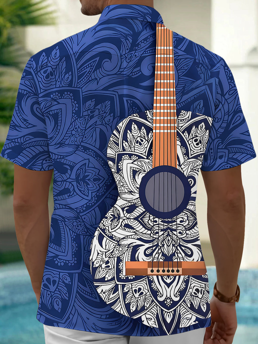 Oceanlyte Men's Hawaiian Guitar Mandala Pattern Short Sleeve Shirt with Chest Pocket