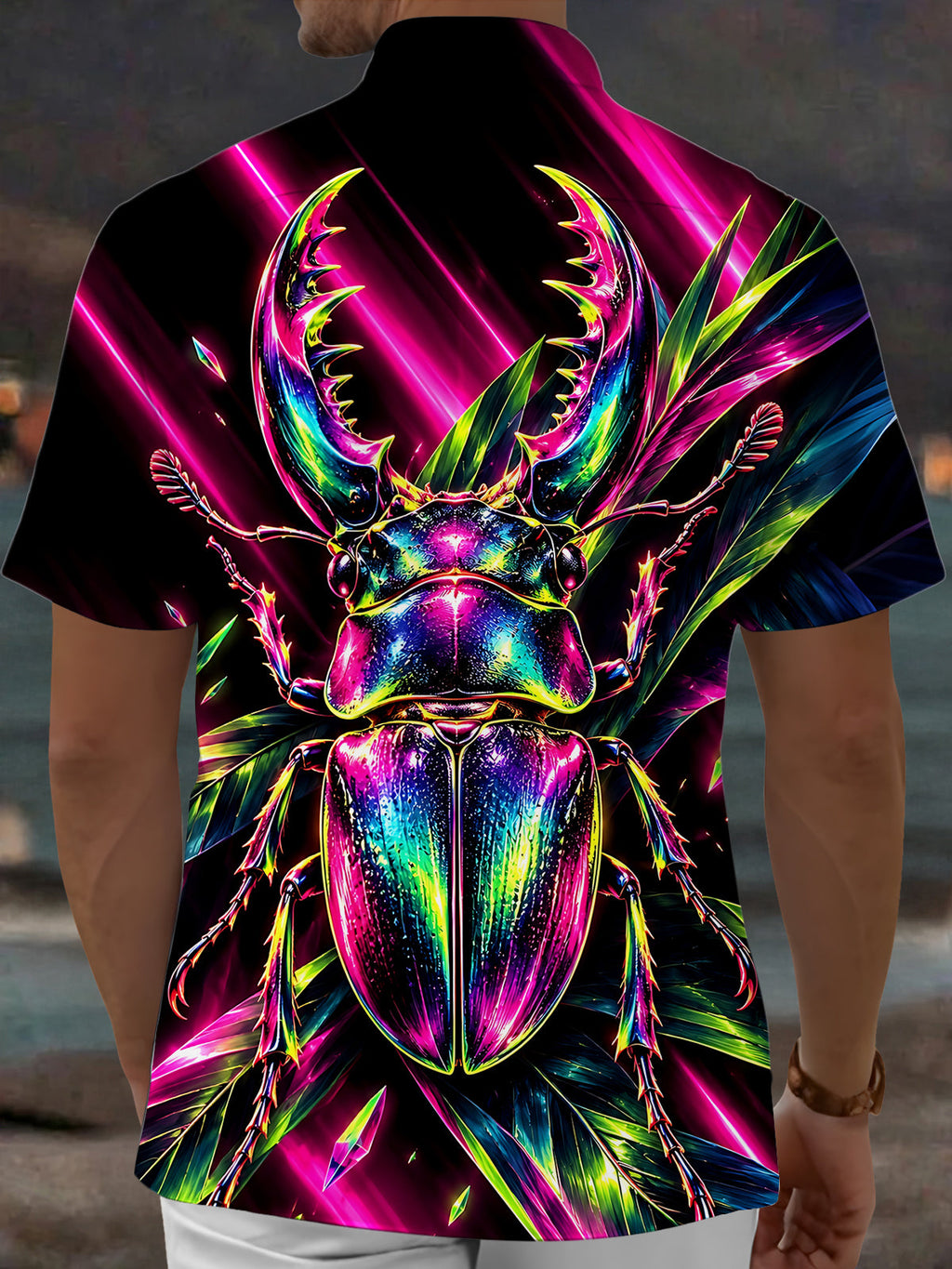 Oceanlyte Men's Neon Stag Beetle And Tropical Leaves Print Short Sleeve Shirt with Chest Pocket