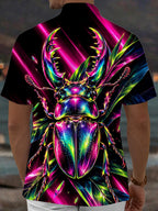 Oceanlyte Men's Neon Stag Beetle And Tropical Leaves Print Short Sleeve Shirt with Chest Pocket